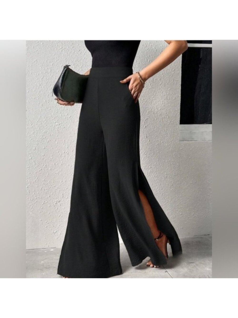 Black Split Thigh Wide Leg Pants